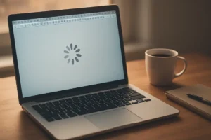 Laptop showing a browser crowded with open tabs and a loading indicator on a desk