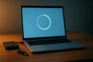 Laptop showing an abstract progress ring next to an external backup drive and a USB stick