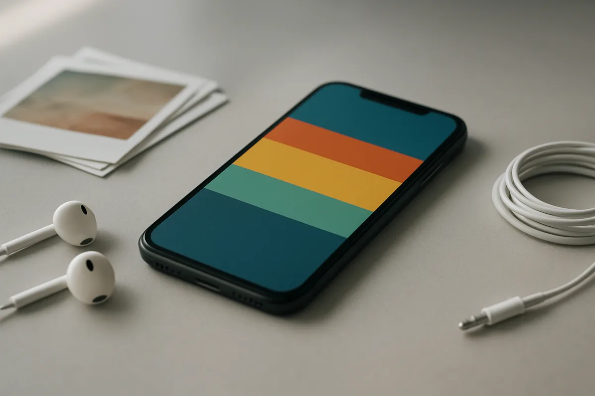 Smartphone on a desk showing an abstract storage bar next to printed photos