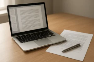 Laptop on a wooden desk displaying a multi-page document next to a pen and a printed contract