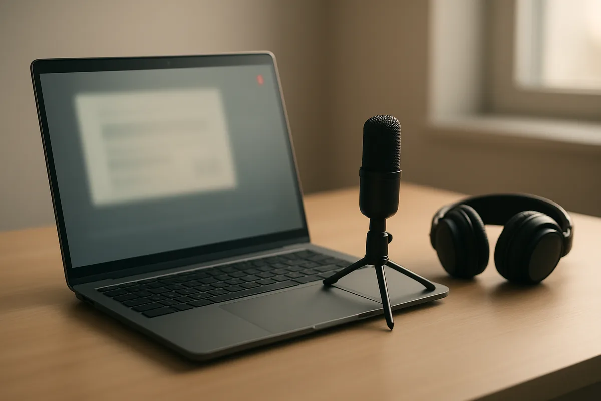 Laptop on a desk with a small microphone and headphones, showing a red recording indicator on screen