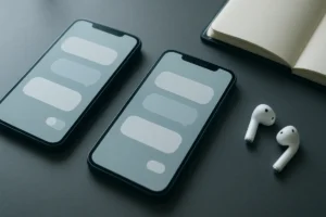 Two smartphones on a dark desk showing abstract chat bubbles and a toggle switch
