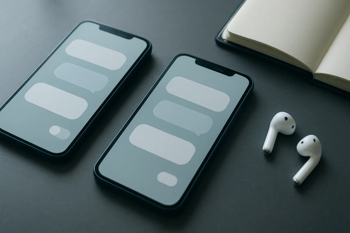 Two smartphones on a dark desk showing abstract chat bubbles and a toggle switch