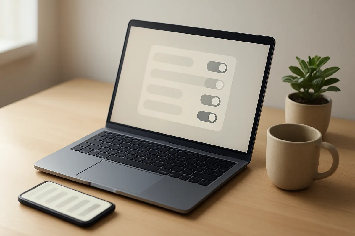 Laptop and smartphone on a wooden desk showing abstract settings toggles