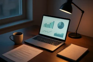 Desk with a laptop showing abstract charts beside a printed resume and a handwritten task list